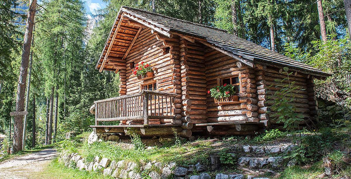 Eine kleine Holzblockhütte aus Holstämmen mitten im Wald