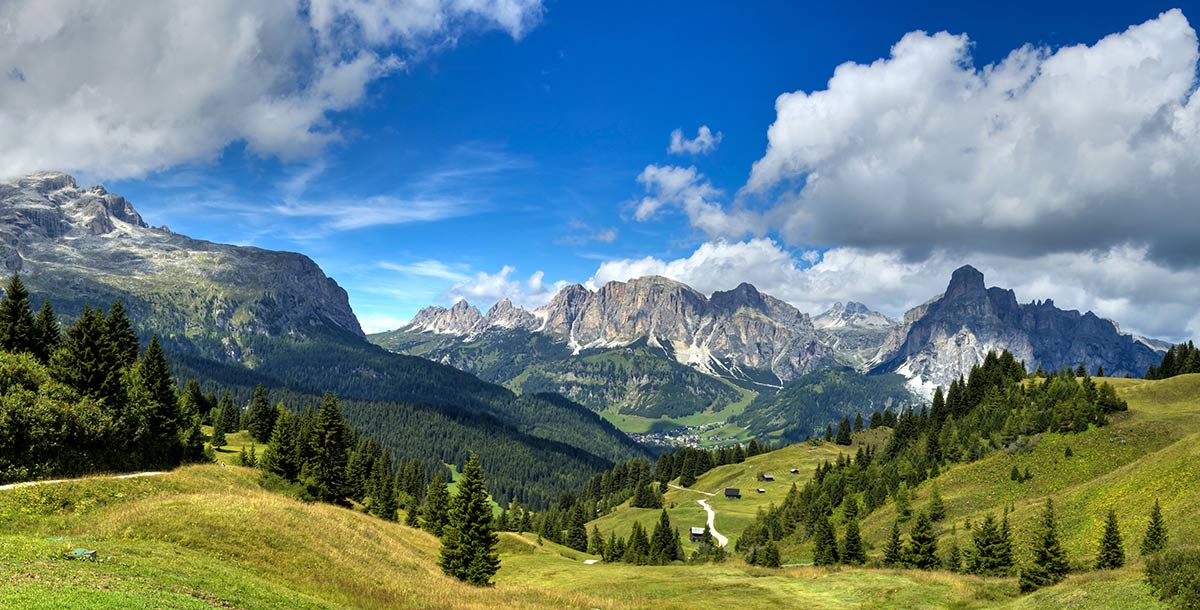 Valleys and mountains of Alta Badia in a summer day