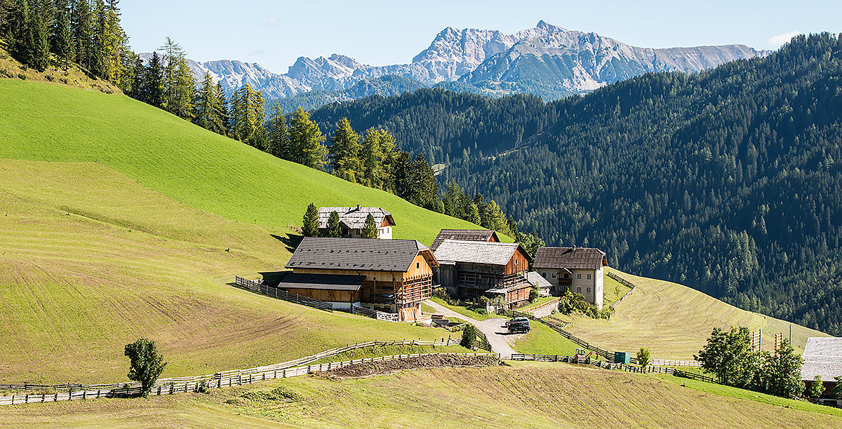 Wooden houses along a grassy slope in the mountains