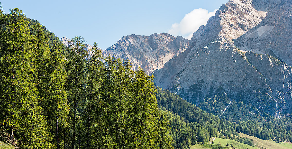 Die hohen Berge, grüne Wiesen und grüne Bäume der Dolomiten der Alta Badia im Sommer