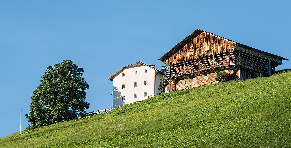 Großer  Bauernhof mit Scheune aus Holz auf einer Wiese in Südtirol